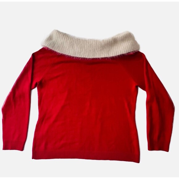 Berek Christmas Mrs. Claus Sweater Fur Cowl Neck Red Ivory Pullover Sequin XL - Picture 2 of 15